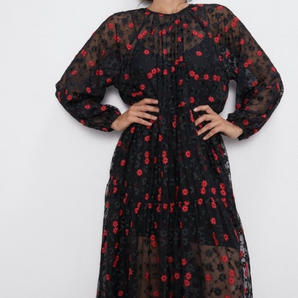 Zara oversized maxi floral embroidered dress